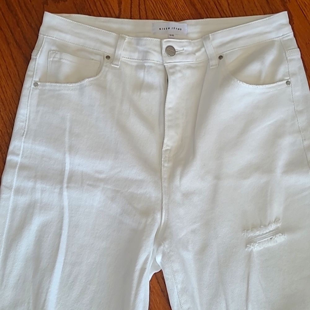 Risen Jeans 15/32 White Wide Leg Flare Distressed Denim Jeans NEW